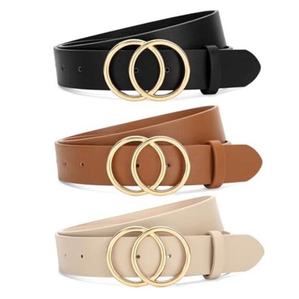 3 Pack Women Double O Ring Belt Gold Buckle Leather Jeans Dress Waist